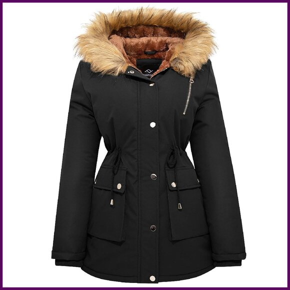 Women's Water-Repellent Puffer Jacket Fleece Lined Parka with Fur Hood
